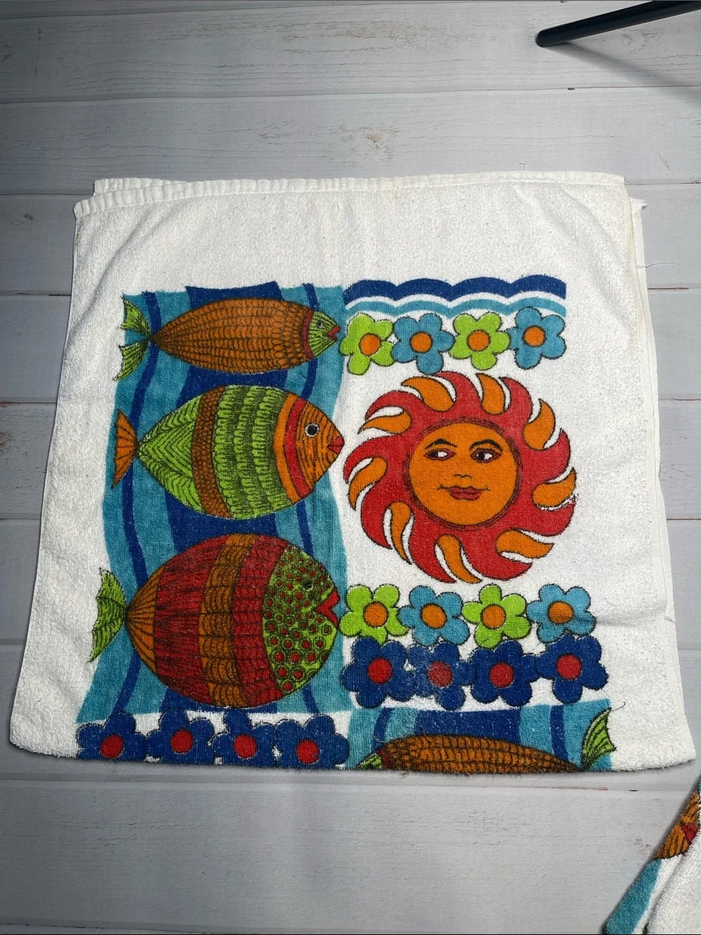 Vintage Beach Towel Pair St Thomas Fish Sun Flowers Celestial Ocean Set 90s 80s